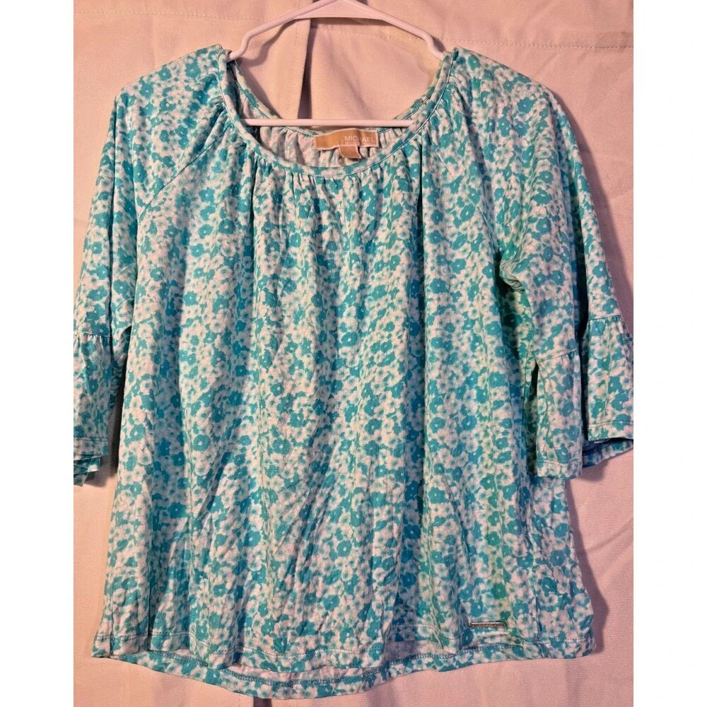 Michael Kors Women's Medium Blue Floral Cottagecore Top Blouse Boho Hippie Soft